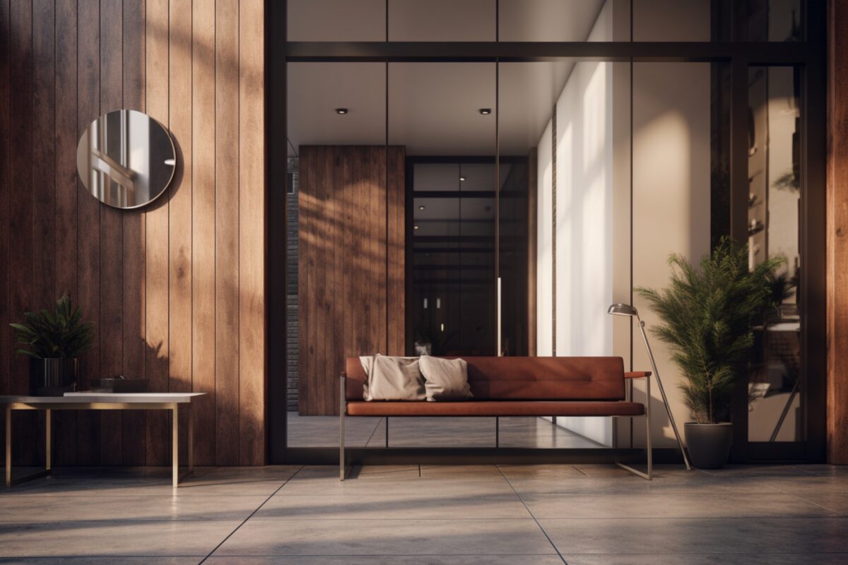 A modern house entrance with a mirror and console table